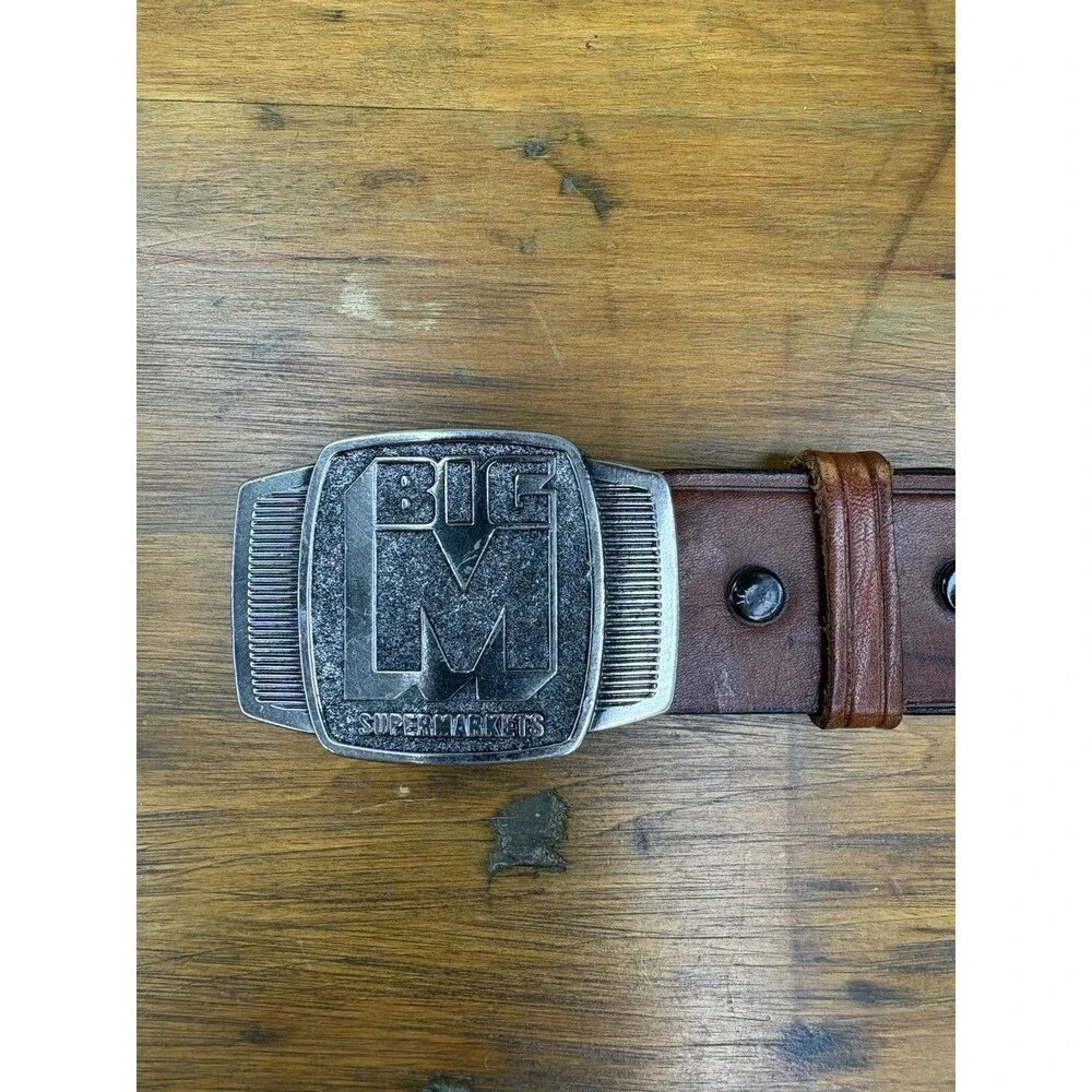 Vintage Big M Supermarkets Advertising Belt Buckle Size 34 Tooled Leather Belt